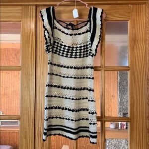 Women's Forever 21 Crochet Knit Ruffle Cap Sleeve Black White Stripe Mini Dress